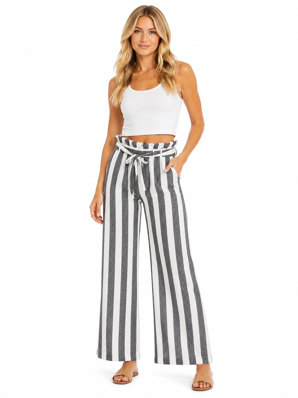 American Eagle Size Medium Striped Paperbag Waist Wide-Leg Pants -‎ White & Gray
